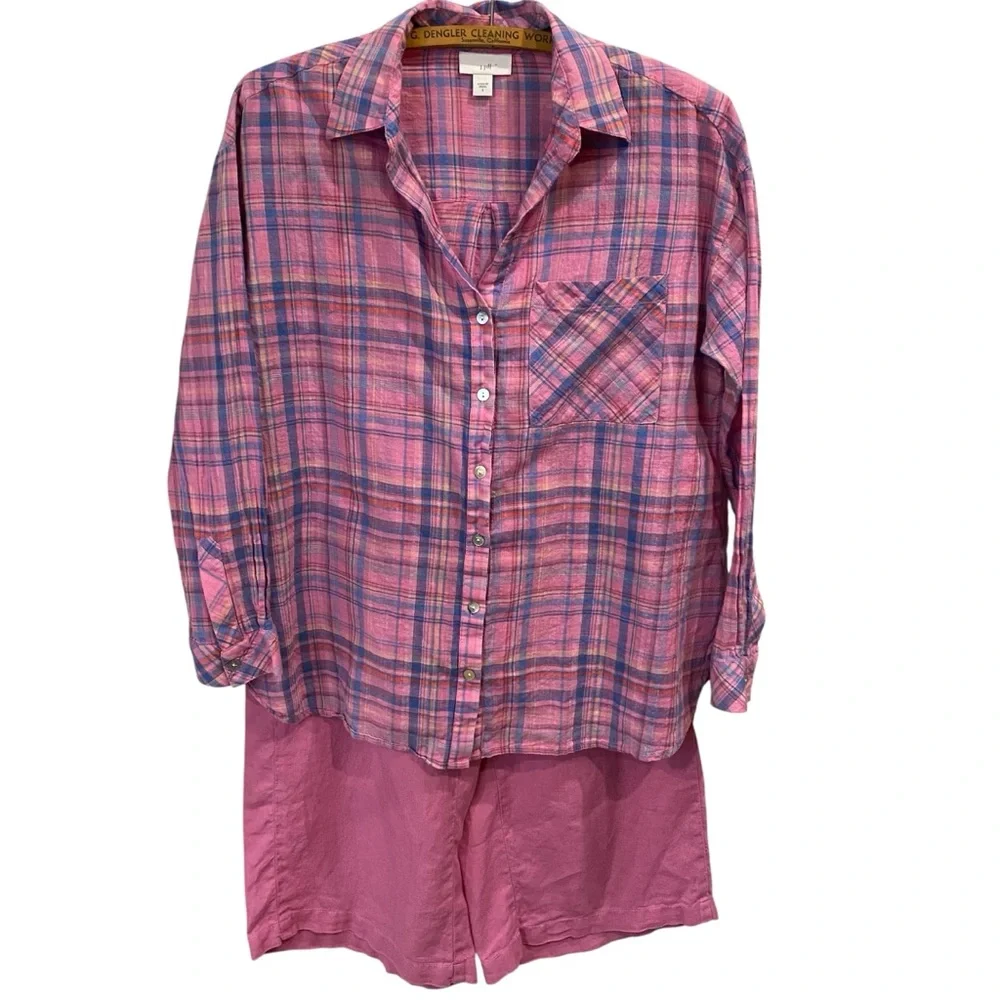 J Jill Two Piece Set Pink Plaid Button Up Top Linen Pull On Wide Leg Pants S